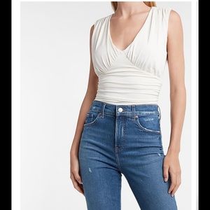 New M Express white Bodysuit v neck  Thong Double Layer Contour Top Blouse